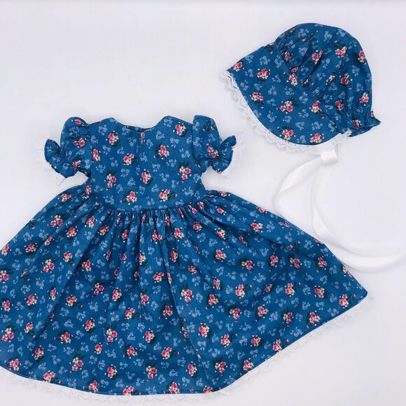 Pioneer Doll Dress & Bonnet, Handmade Outfit, For 18 Inch Dolls Blue Pink Floral - Picture 1 of 11
